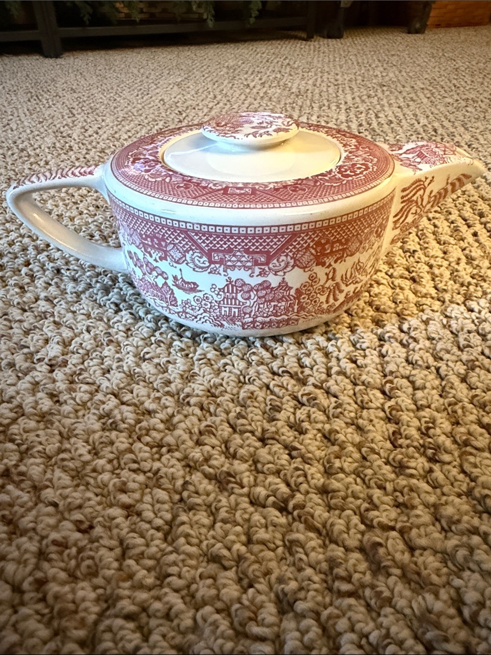 Classic Red Transferware Ceramic Teapot with Lid